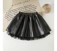 Gonna in pelle PU a-line per giovani ragazze. L'orlo è decorato con accessori in pizzo a rete. È comoda, alla moda, elegante, dolce e carina, un must-have per l'uso quotidiano e le uscite. 6Y,7Y,4Y,5Y