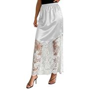 Gonna in raso da donna, in pizzo, patchwork, maxi gonna in tessuto a rete trasparente, gonna in raso, elegante gonna da sera, comoda sottogonna per feste, linea ad A, O bianco., L