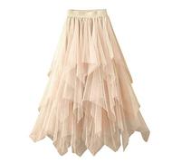 Gonna in tulle, da donna, a pieghe, lunga, tutù, in tulle, asimmetrica, a vita alta, linea ad A, maxi gonna a pieghe, beige., S