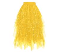 Gonna in tulle, da donna, di media lunghezza, con paillettes irregolari, elasticizzata, a vita alta, con brillantini, in rete a più strati, gonna in tulle, con linea ad A, sottoveste, O giallo, M