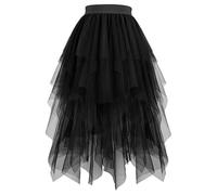 Gonna in tulle, lunga da donna, a vita alta, con linea ad A, 50 basse, in tulle irregolare, elasticizzata, a vita alta, in rete, per feste, Carnevale, A01 nero., L