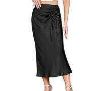 Gonna longuette da donna in raso a vita alta elegante casual tinta unita seta una linea svasata longuette, 2_nero, L