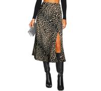 Gonna Longuette da Donna in Raso con Spacco Laterale a Una Linea Elastica a Vita Alta con Stampa Leopardata Ghepardo gonne Lunghe in Seta per Le Donne, Marrone Leopardato., L