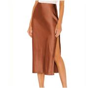 Gonna longuette da donna in raso di seta, elastica, a vita alta, aderente, con spacco, elegante, aderente, per ufficio, lavoro, discoteca, estate, casual, quotidiano, Marrone, M