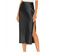 Gonna longuette da donna in raso di seta, elastica, a vita alta, aderente, con spacco, elegante, aderente, per ufficio, lavoro, discoteca, estate, casual, quotidiano, Nero , L