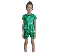 Gonna lucida e top per bambini, 2 pezzi, strutturata a coste, metallica, da discoteca, da discoteca, a maniche corte, lucida, metallica, a pieghe, Dark Grün-e, 7-8 Anni
