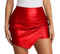 Gonna lucida in PU dal design asimmetrico con spacco laterale | Mini gonna a matita per feste, uscite e Halloween, Colore: rosso, L