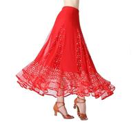 Gonna lunga da ballo in rete con paillettes, da donna, per ballare il valzer latino, salsa, flamenco, danza del ventre, costume moderno per pratica, Rosso, S