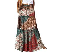 Gonna lunga da donna boho floreale alta vita elastica con tasche e cintura, maxi gonna a pieghe gonna da spiaggia gonna per il tempo libero, Fiori 03, L