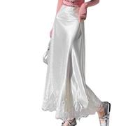 Gonna Lunga Da Donna In Raso Elasticizzato A Vita Alta, Estiva, con Rifiniture In Pizzo, Elegante Gonna Svasata, per Ballo Di Fine Anno, Festa Di Ballo, Vestito per Ufficio, Lavoro E Vacanza, Bianco