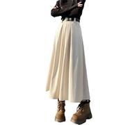 Gonna lunga da donna in velluto a coste vintage a vita alta con volant e cintura, Albicocca, L