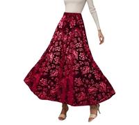 Gonna Lunga da Donna in Velluto Bordeaux con Stampa Floreale, Gonna Maxi Swing Svasata, Grande Dimensione, gonne alla vigilia Elegante, gonne da Sera Invernali, di Lusso, alla Moda, Abiti da Sera a