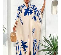 Gonna lunga estiva da donna taglie forti con stampa di elementi vegetali e sole, con spacco centrale e manica a tre quarti, un capo di moda importante per le vacanze primaverili 0XL,1XL,2XL,3XLTessuto