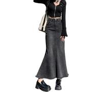 Gonna Lunga in Denim retrò A Vita Alta per Le Donne, Stile Ampio per L'autunno E l'inverno, con Nappe E Tasche, Blackgray, S