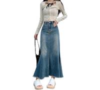 Gonna Lunga in Denim retrò A Vita Alta per Le Donne, Stile Ampio per L'autunno E l'inverno, con Nappe E Tasche, Vintage Blue, S