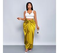 Gonna lunga in raso elegante e romantica con fiocco davanti, versatile per appuntamenti, gonna a doppio strato con fiocco per feste da ballo, design a bozzolo avvolto color giallo zenzero, taglie como