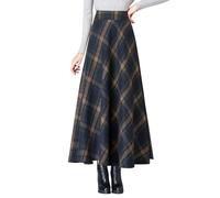 Gonna lunga invernale da donna, stile vintage, con motivo a quadri, calda gonna a linee A, maxi gonna a vita alta, gonna lunga, Blu scuro, M