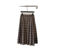 Gonna Lunga Scozzese da Donna a Vita Alta A-Line Slim Pieghettata Divisa Scolastica di Media Lunghezza Uniforme Scolastica Autunnale-caffè Senza Cintura-S