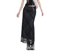 Gonna Lunga Scozzese Da Donna Leggera Dritta Con Elastico in Vita Stretta Estiva Colore A Contrasto Casual Da Strada Avvolgere Gonne Alla Moda,Nero,S