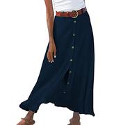Gonna maxi da donna in cotone e lino con vita alta e abbottonatura, gonna arricciata con spacco, comodo abito da spiaggia per vacanze al mare, viaggi lunghi e incontri nel tempo libero, Blu, XXL
