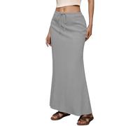 Gonna midi casual da donna a vita alta, coulisse e vita elastica e spacco sul retro per le vacanze quotidiane in primavera ed estate, tinta unita basic limit, grigio chiaro., M