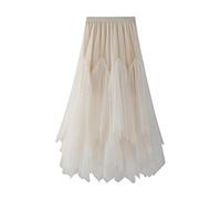 Gonna midi da donna elastica a vita alta in rete a trapezio, gonna a strati estiva irregolare tutù gonna in tulle per tutti i giorni ballo di fine anno, Beige, Taglia unica