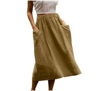 Gonna midi da donna in cotone e lino, gonne estive casual elastiche a vita alta con tasche, i miei ordini Offerte di oggi 2025 Saldi Liquidazione sotto il ginocchio Gonne da donna, cachi, M