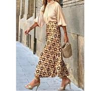 Gonna midi in raso elegante con stampa floreale vintage marrone per donna taglia curvy, adatta per l'uso quotidiano, l'ufficio, gli appuntamenti, il pomeriggio del tè 1XL,2XL,3XL,4XL,5XLGeometricoTess