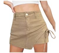 Gonna pantalone in jeans da donna, morbida, tinta unita, con coulisse laterale, linea ad A, minigonna alla moda, sciancrata, divisa lateralmente, vita alta, abbigliamento temperamento, O kaki, L