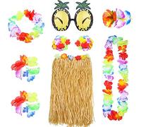 Gonna Ragazza Hawaiana,Hawaiano Gonna Erba di Hula Erba Set 8 PCS Hawaiano Vestito Gonna con Collana Braccialetti Fascia Fiore Reggiseno Capelli Clip e Ananas Occhiali da Sole Decorazione di Festa