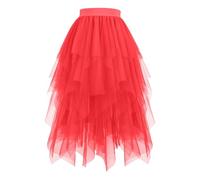 Gonna rossa in tulle, da donna, in tulle, da donna, lunga, con linea ad A, in tulle, irregolare, con elastico, a vita alta, per carnevale e fate, M