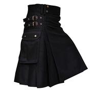 Gonna scozzese da uomo in vera pelle nera gladiatore kilt con pannelli frontali piatti scozzesi Kilts utility gotica gonna pantaloni con tasche vintage gonna a pieghe scozzese, Nero , M