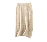 Gonna sottile lavorata a maglia spessa da donna autunno inverno casual elastico a vita alta classica tinta unita gonna dritta di media lunghezza, cachi, XL