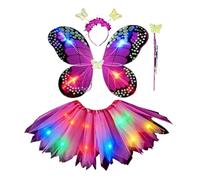 Gonna Tulle Bambina e Ragazza 4-11 Anni 4 Pezzi con Tutu Ballerina Luminoso, Ali Fata Farfalla, Corona e Bacchetta Sottogonna Arcobaleno Elegante per Danza, Cosplay, Carnevale Fatina, Halloween,Rosso