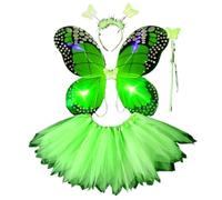 Gonna Tulle Bambina e Ragazza 4-11 Anni 4 Pezzi con Tutu Ballerina Luminoso, Ali Fata Farfalla, Corona e Bacchetta Sottogonna Arcobaleno Elegante per Danza, Cosplay, Carnevale Fatina, Halloween,Verde
