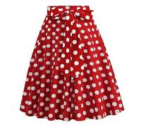 Gonna vintage da donna anni '50, gonna a pieghe a vita alta, con stampa floreale, gonna a pois, rockabilly swing, con cintura, lunghezza al ginocchio, Colore: rosso, M