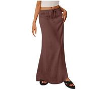 Gonne casual da donna estive in tessuto simile al lino con coulisse gonna lunga elastica in vita maxi gonne per vacanze e spiaggia, Marrone, S