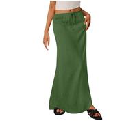 Gonne casual da donna estive in tessuto simile al lino con coulisse gonna lunga elastica in vita maxi gonne per vacanze e spiaggia, Verde-02., L