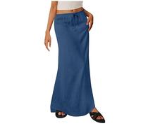 Gonne da donna casual estive in tessuto simile al lino con coulisse Gonna lunga in vita elastica Maxi gonne da spiaggia per le vacanze, Blu, XL
