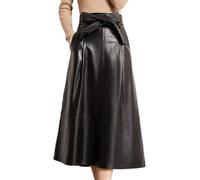 Gonne da donna in vera pelle di pecora a vita alta A-Line gonna media lunghezza con cintura, Nero , L