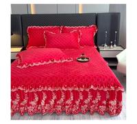 Gonne Da Letto Gonna da letto in velluto di cristallo trapuntato ispessito da 2/3 pezzi, copriletto con ricamo in pizzo a fiori, lenzuolo, copriletto, federe(Red,150X200cm 3pcs)