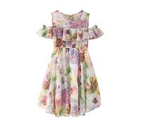Gonne da ragazza 146 ragazze con scollo a U, maniche corte, stampa floreale fluente, abito estivo semplice da donna, lunghezza al ginocchio, Lilla, 4-5 Jahre