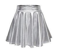 Gonne Donna Lucido Metallico Liquido Mini Gonna Moda Festa Cosplay Elastico Svasata Gonna A Pieghe in Vita Gonne in Pelle Gonna A Pieghe Ragazze (Silver, S)