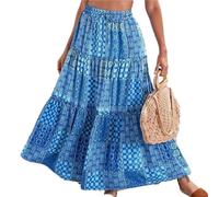 Gonne estive da Donna con Fiocco con Fiocco sul Davanti Gonna Lunga da Donna A-Line a Vita Alta Boho Gonna a Pieghe fluida con Ampia Gonna(Blue,XXXX-Large)