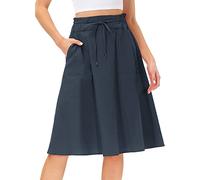 Gonne estive per le donne Uk Tinta unita Gonne midi Casual Coulisse Bohemian Beach Gonne con tasche Loose A-Line Gonne fluide Lunghezza al ginocchio Comode gonne di cotone per lavorare Uscire, Marina