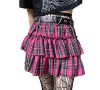 Gonne Gotiche con Volant in Vita Elastica Gonne Midi Donna Minigonna Scozzese a Righe Rosse Nere Vestiti di Moda Coreani Dark Goth Lady-Fucsia,Taglia Unica