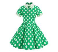 Gonne invernali per bambine e bambine, vintage, a pois, a maniche corte, con colletto rovesciato, abito da festa, divisa scolastica, verde, 5-6 Anni