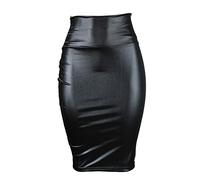 Gonne longuette da donna casual slim fit aderente a vita alta gonne da donna in ecopelle elastica gonna al ginocchio taglie forti S-3XL, Nero , 3XL