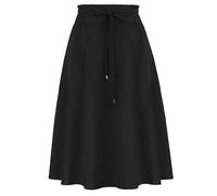 Gonne Longuette di Lino Casual da Donna Gonna a Pieghe a Pieghe in Vita con Cravatta a Punto Smock con Tasche Gonna a Trapezio Svasata a Vita Alta -Nero-S