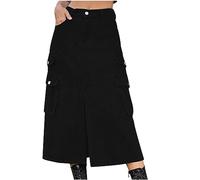 Gonne midi da donna in denim a vita alta con tasche cargo, gonne di jeans casual estive con vita posteriore elastica con spacco frontale, saldi I miei ordini Offerte 2025, Nero , XL